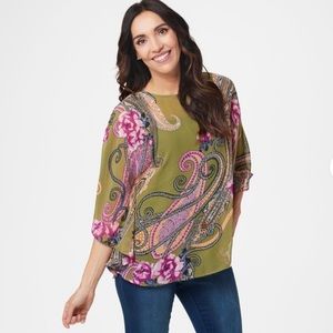 Bob Mackie Top Green Women's Small Boat Neck Printed Caftan Paisley Flowy Shirt